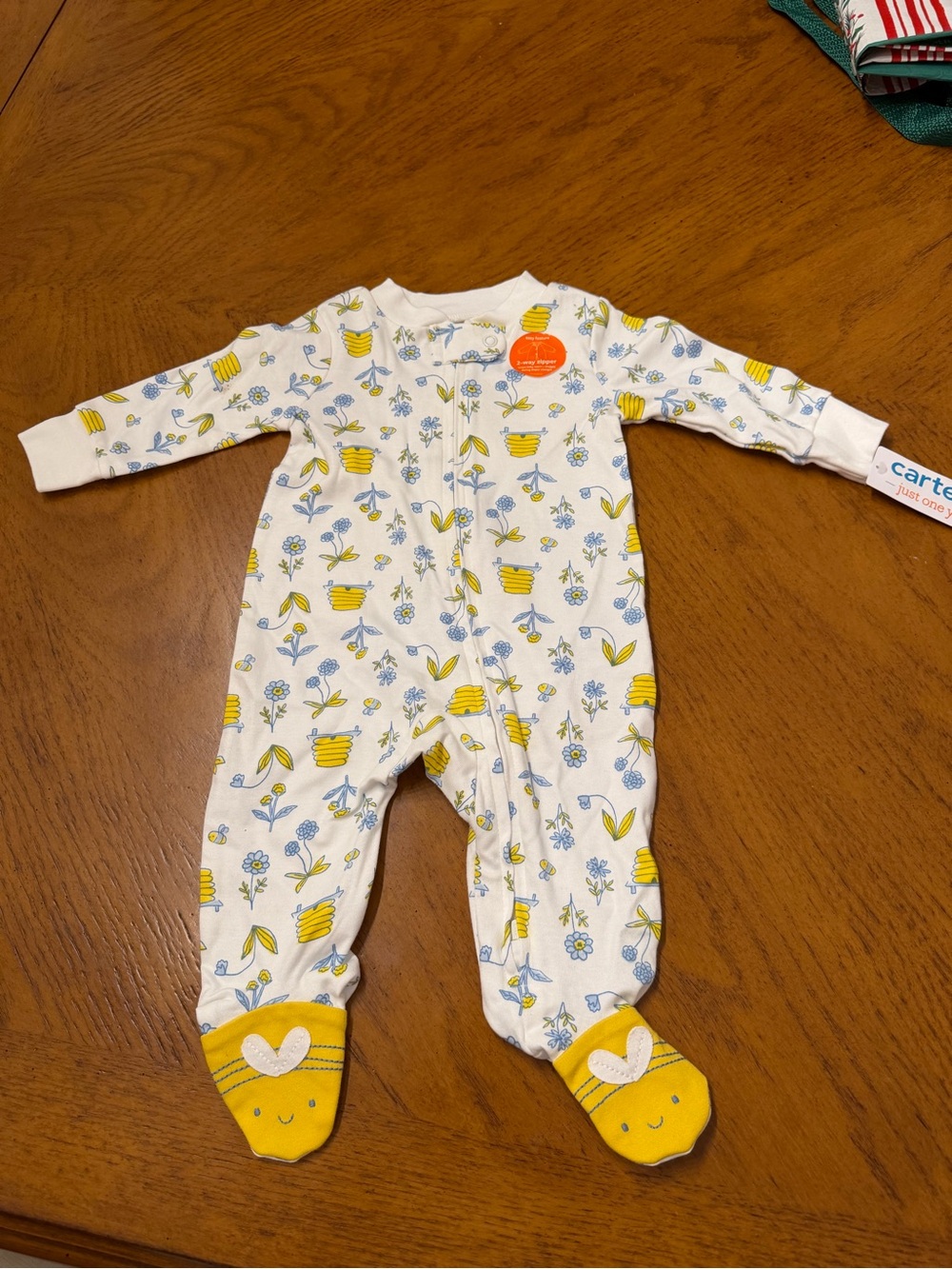 Carter's White One-Piece Footed Pajamas with Yellow & Blue Floral Bee Print